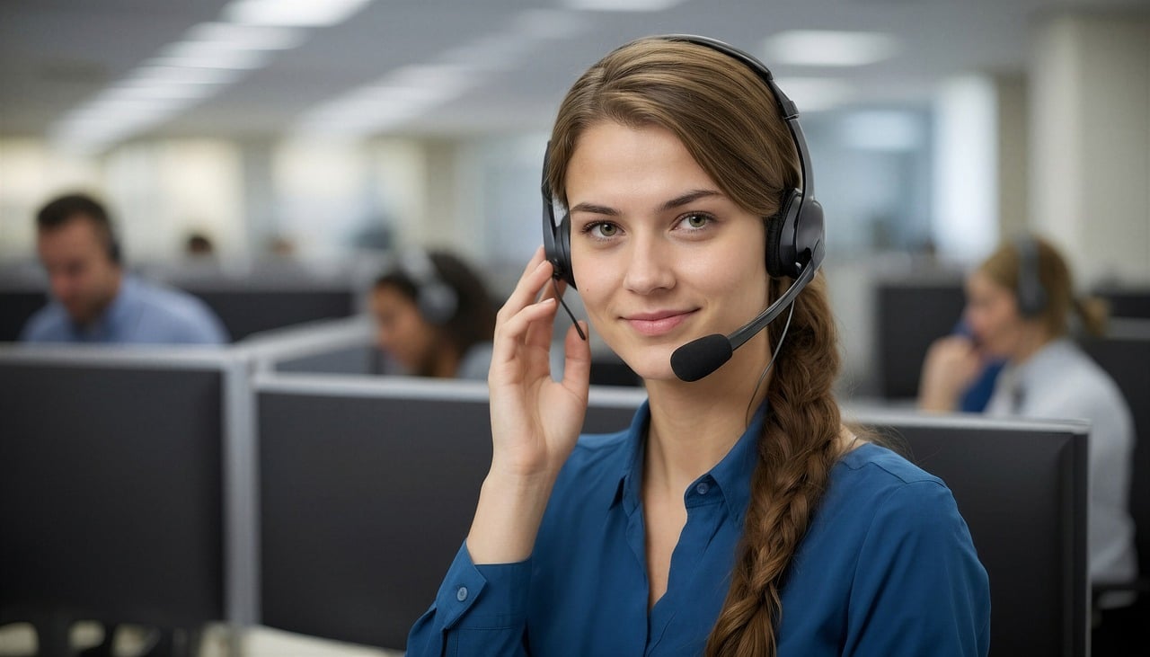 conseillère au téléphone, casque audio, devant un ordinateur, échange avec un client